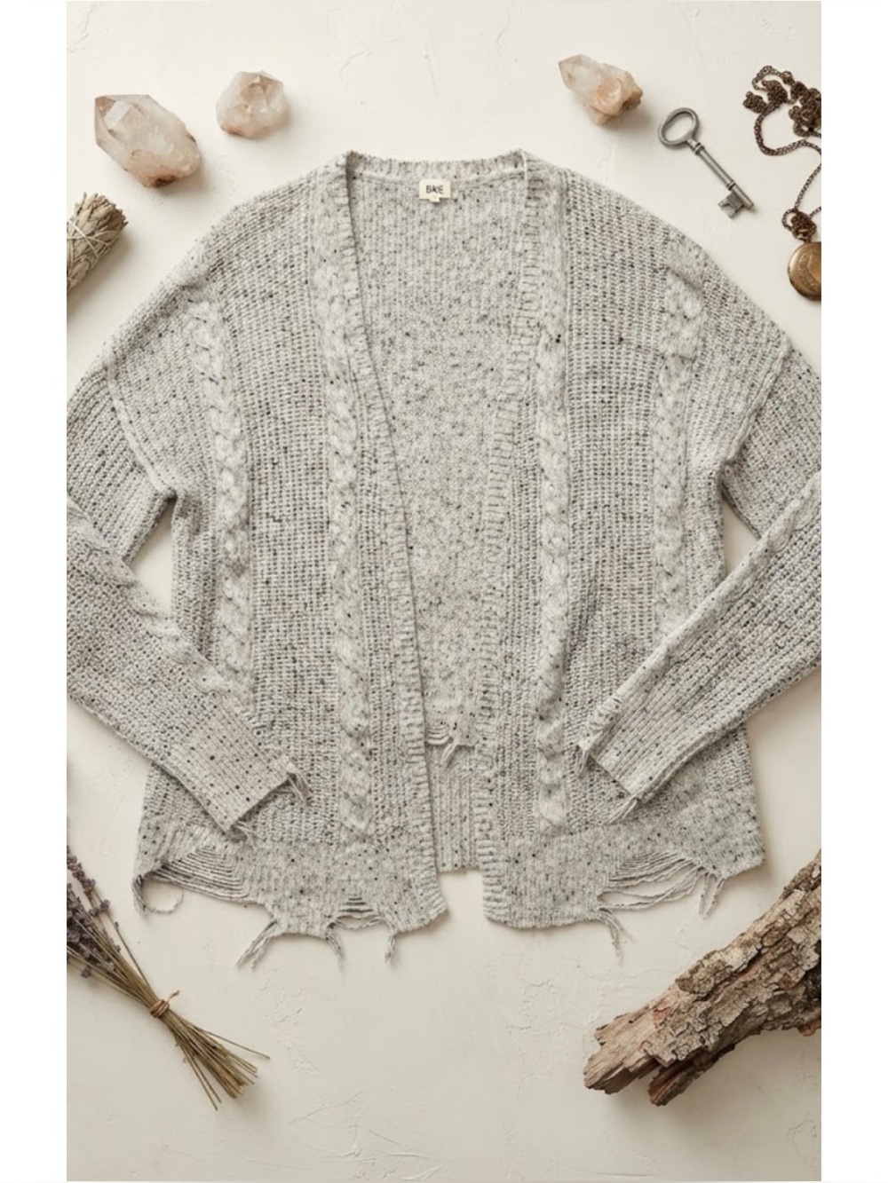 BKE Buckle Open Front Mixed Knit Distressed Cardigan Marled Gray & Metallic